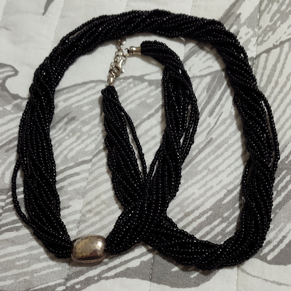 Retired Silpada 32" Black Bead Necklace w/Hammered Sterling Silver Ornament